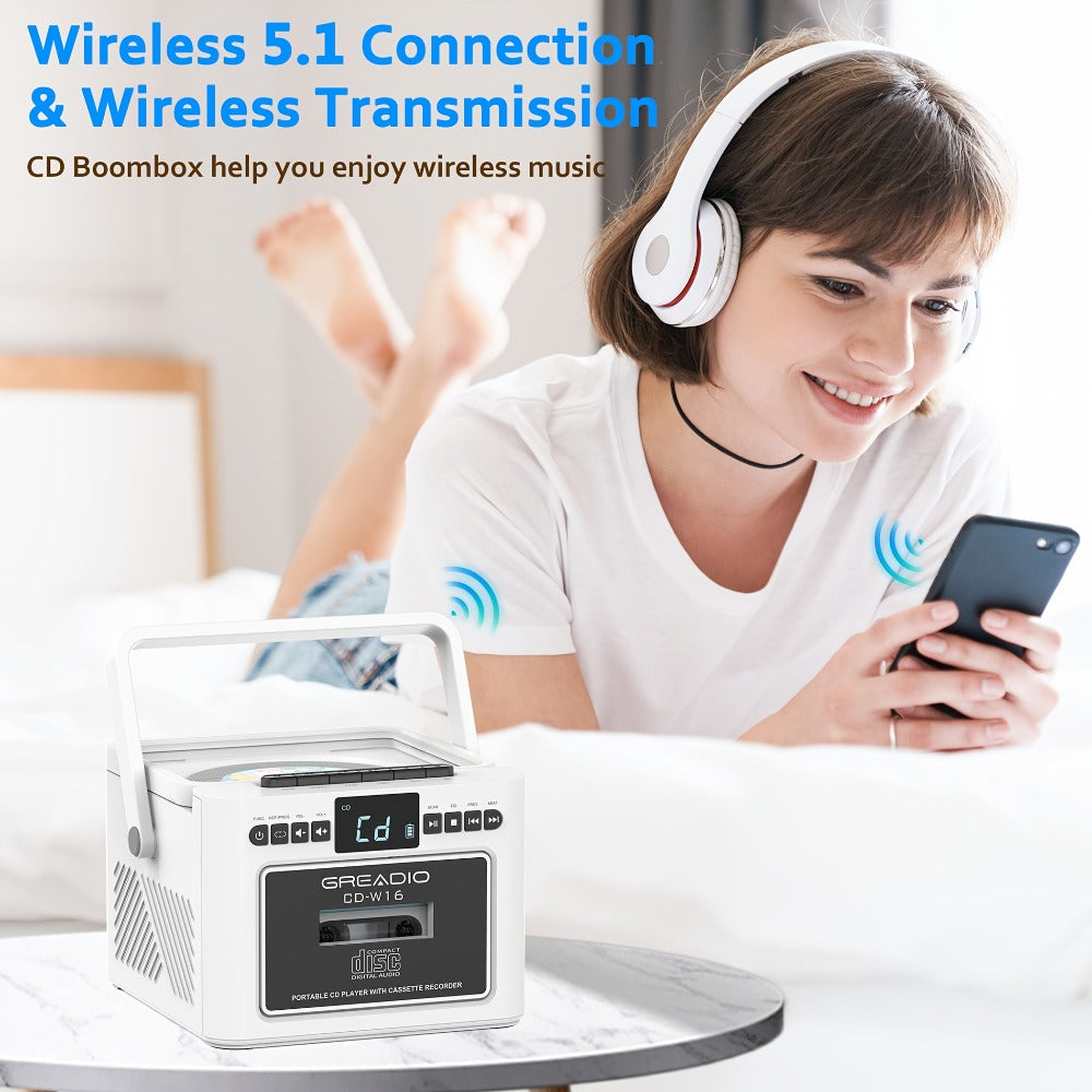Boombox CD Cassette Player Rechargeable 5000mAh Battery 5W Dual Stereo Speakers FM Radio Tape Recording AUX SD USB 3.5mm Jack Portable Home