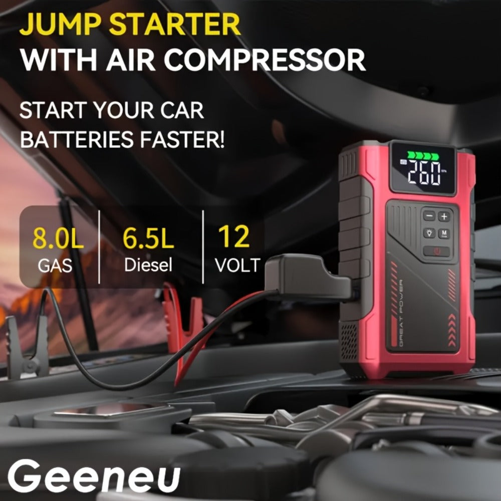 12V Jump Starter with 4000A Marking, 150 PSI-Labeled Air Compressor, Digital Pressure Display and Two Black Color Options