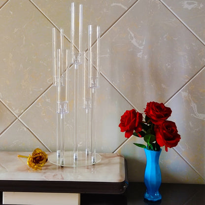 Candle Holder Set of 2 Clear Acrylic Five-Arm Candelabras with Cylindrical Shades for Flameless LED Candles