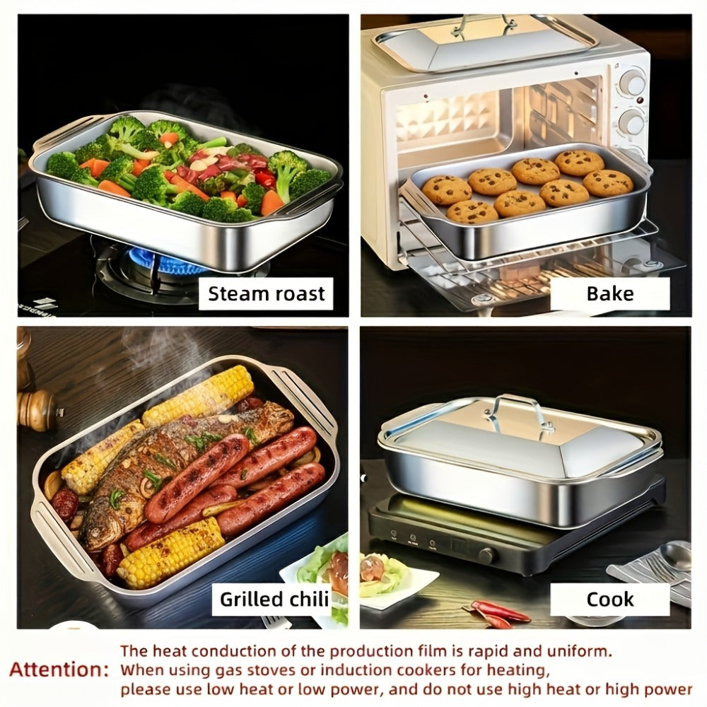 Stainless Steel Deep Baking Tray with Lid 4-Piece Set, 1.59 Gallon Rectangular Roasting Pan with Handle Lids