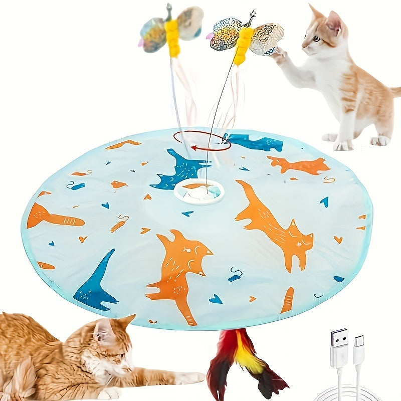 Interactive Cat Toy Electric Motion Activated 2-in-1 Rotating Butterfly & Feather Wand – USB Rechargeable 1200mAh Auto Shut-Off 3 Speed