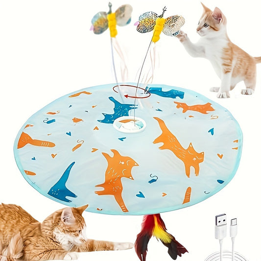 Interactive Cat Toy Electric Motion Activated 2-in-1 Rotating Butterfly & Feather Wand – USB Rechargeable 1200mAh Auto Shut-Off 3 Speed