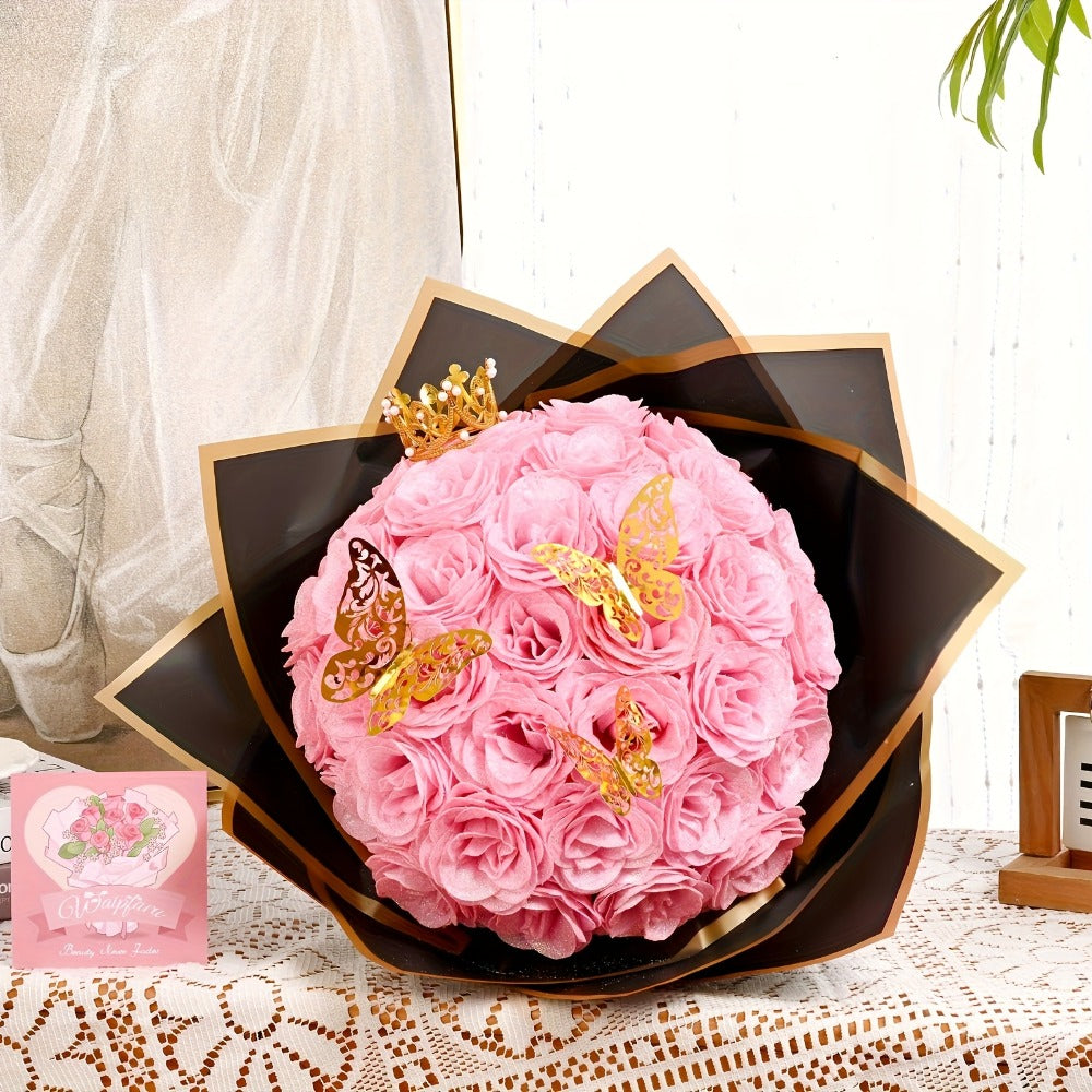 Artificial Rose Bouquet 24 Glitter Roses with 6 Golden Butterflies, Everlasting Shiny Fake Flower Bouquet for Wedding
