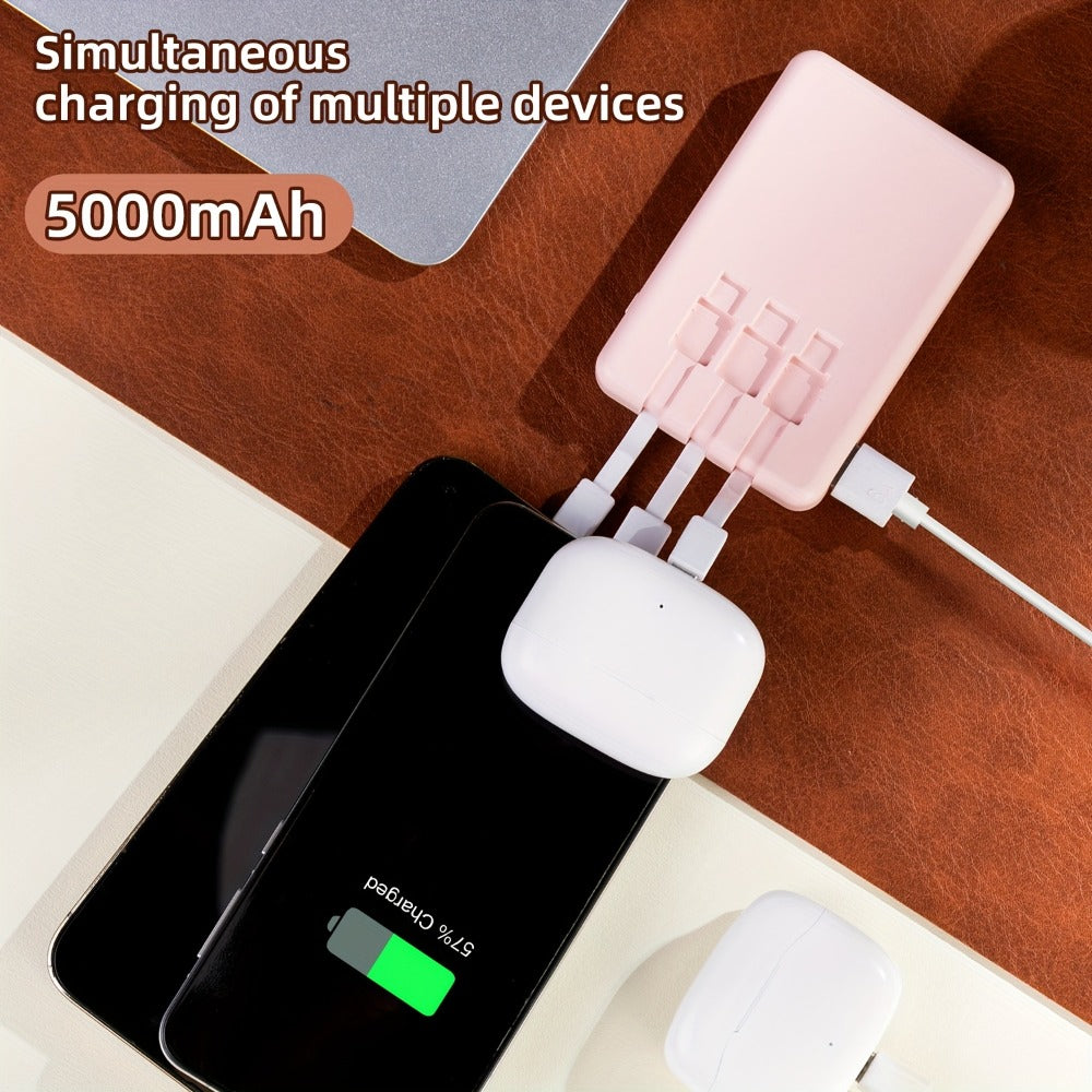 Power Bank Slim 5000mAh or 10000mAh with Built-In USB-C Cable, Four-Device Layout and LED Display