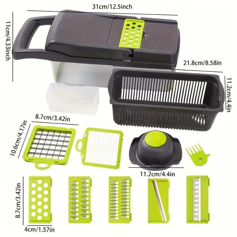 Vegetable Chopper 16-in-1 Manual Food Chopper Set, 8 Stainless Steel Blades, 304 Container, Peeler & Filter