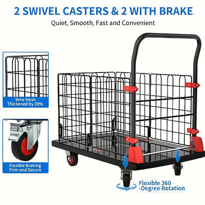 Folding Platform Cart with Removable Cage & Silent Wheels, 400-, Anti-Skid Deck, Telescopic Handle for Moving