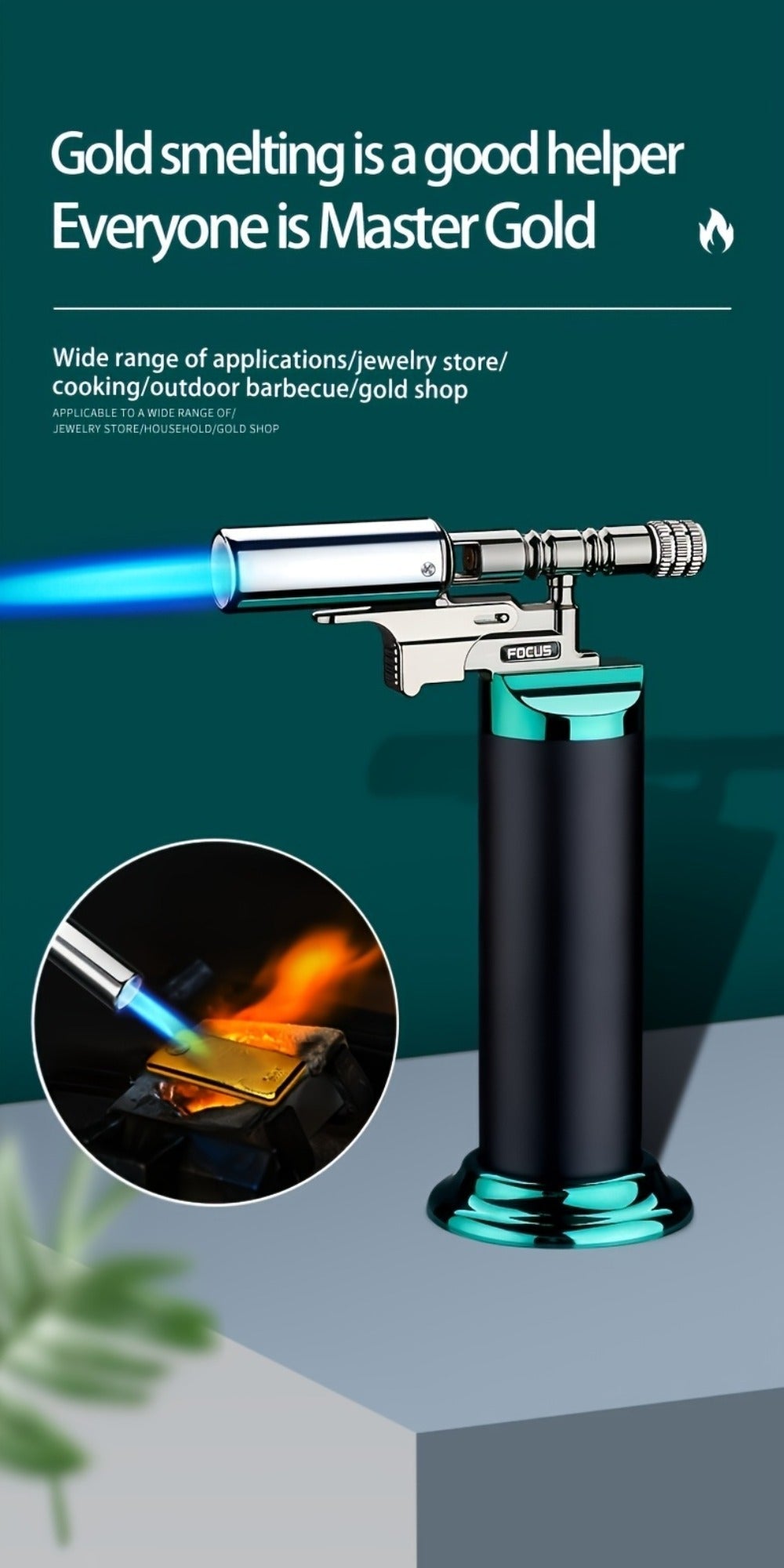 Culinary Stand Torch Lighter with Wide Stable Base, Horizontal Torch Head and Four Finishes
