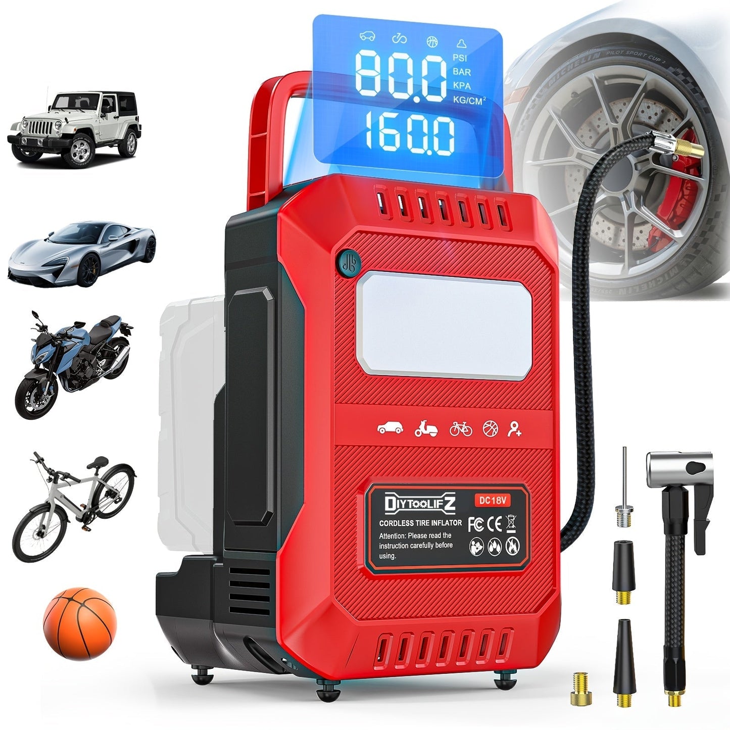 Cordless Tire Inflator 160PSI Portable Air Compressor Compatible with DeWalt 20V / 18V Battery, Digital Pressure Gauge