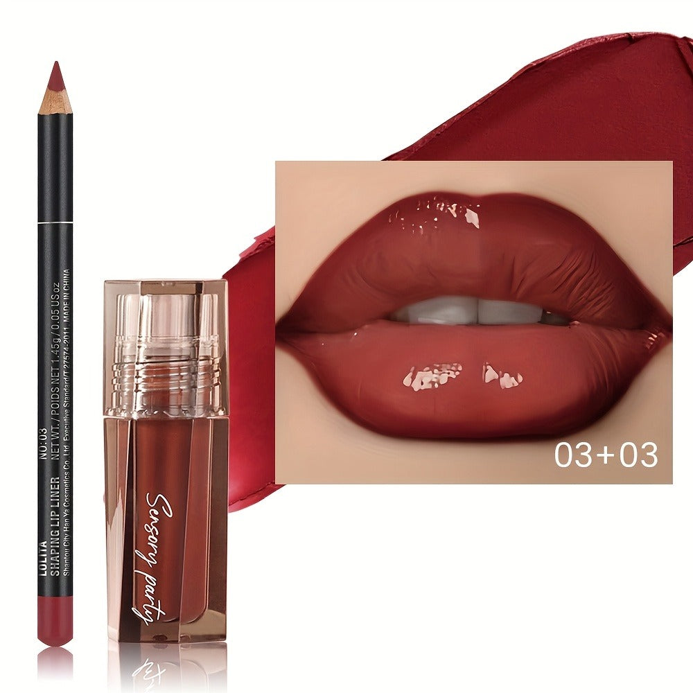 Lip Gloss Lip Liner Set Hydrating Water-Gloss Dewy Finish – 3D Precision Contour Matte Liner, for Makeup, Travel and Everyday Vanity Use