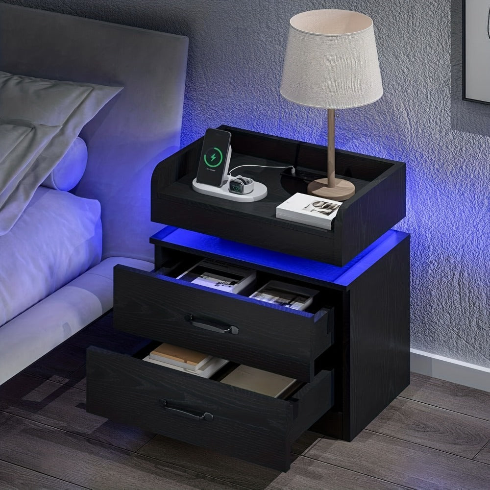 Small Nightstand with USB Charging Station & LED Lights, Compact Bedside Table with Drawer, Under 27 Inch Floor Mount