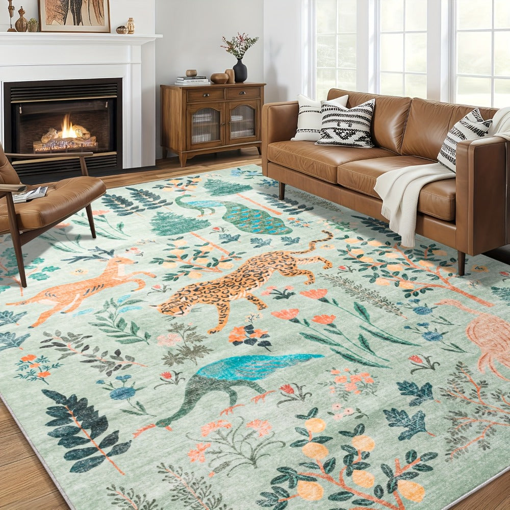 Area Rug, Jungle Animal and Tiger Print Indoor Carpet in Black, Green or Pink with Four Room-Size Options