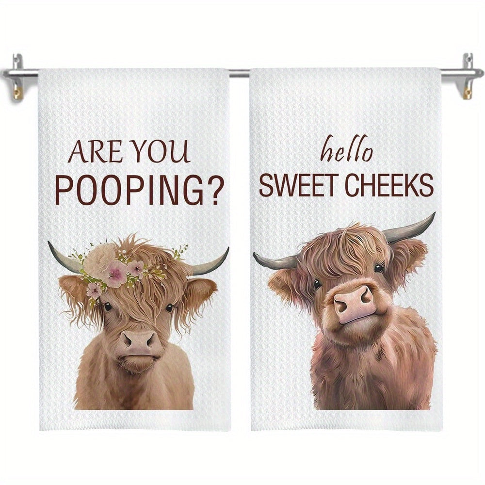 Highland Cow Hand Towels Set of 2 Funny Farmhouse Bathroom Decor Hello Sweet Cheeks Kitchen Towel 16x24 Inch Washroom Gift