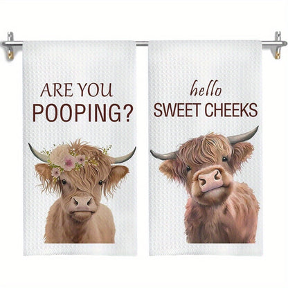 Highland Cow Hand Towels Set of 2 Funny Farmhouse Bathroom Decor Hello Sweet Cheeks Kitchen Towel 16x24 Inch Washroom Gift