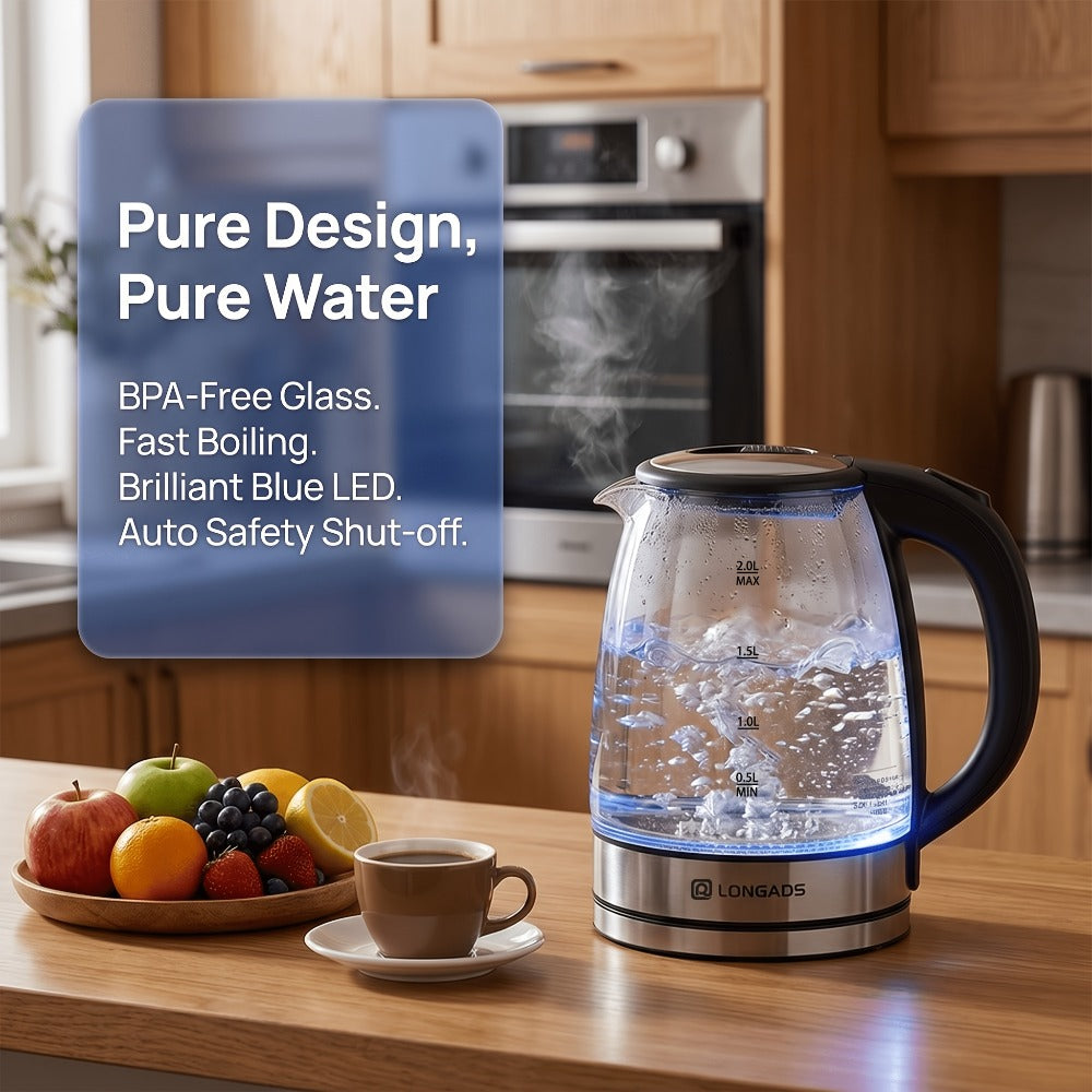 Electric Kettle by LONGADS, 2L 1000W Glass Body with Blue LED Indicator and Stainless Steel Heating Base