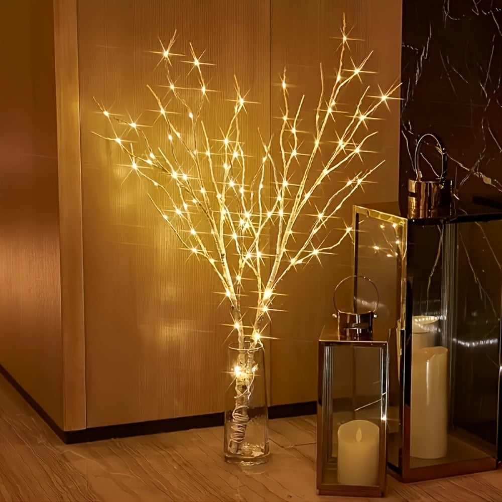 Birch Branch Lights Set of 2, Artificial Luminous Birch Tree Branches with Green Leaves & LED Fairy Lights