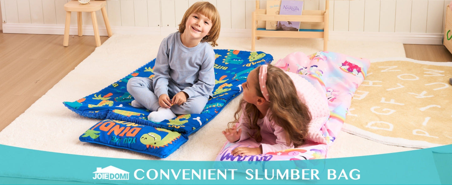Kids Nap Mat with Removable Pillow & Minky Blanket - Roll-Up Sleeping Bag for Boys Girls, Blue Dinosaur Design