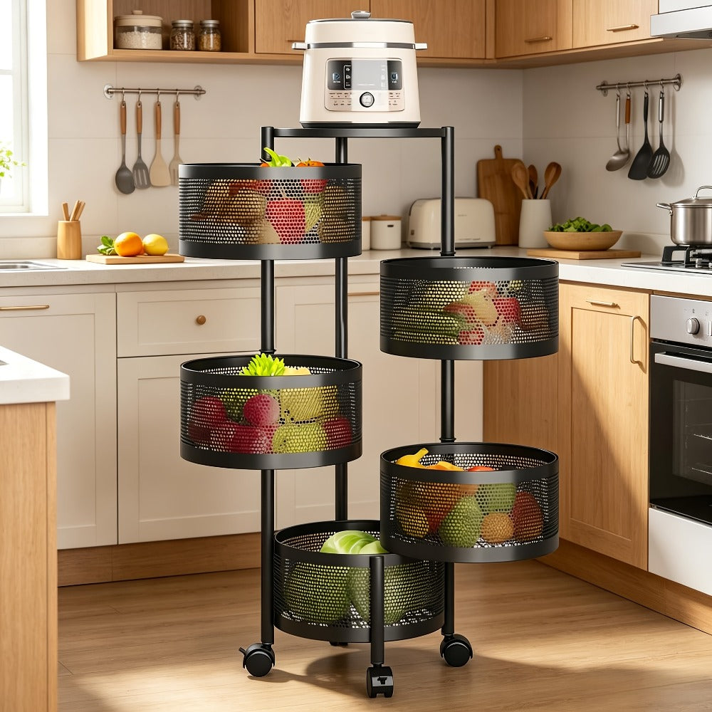 Rolling Storage Cart with Wheels 5-Tier 360° Rotating Kitchen Organizer Basket, No Assembly Space-Saving Floor Standing Bin for Kitchen