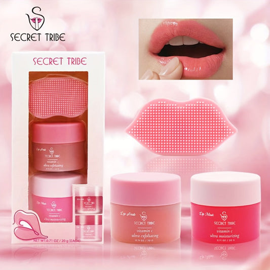 Lip Care Set 3pcs – Lip Mask, Lip Scrub Balm & Lip Brush Kit with Natural Ingredients for Deep Hydration, Exfoliation & Lip Color