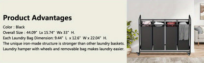 Rolling Laundry Sorter Hamper with Four Removable Fabric Bags, Caster Wheels and Four Color Configurations