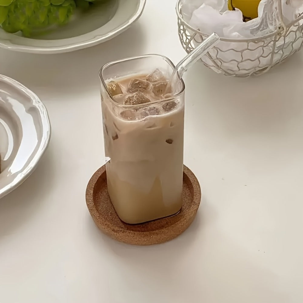 Square Glass Cup Drinkware Set, 13oz Clear Cups with Lids, Straws and Cleaning Brush in 4, 6 or 8 Pieces