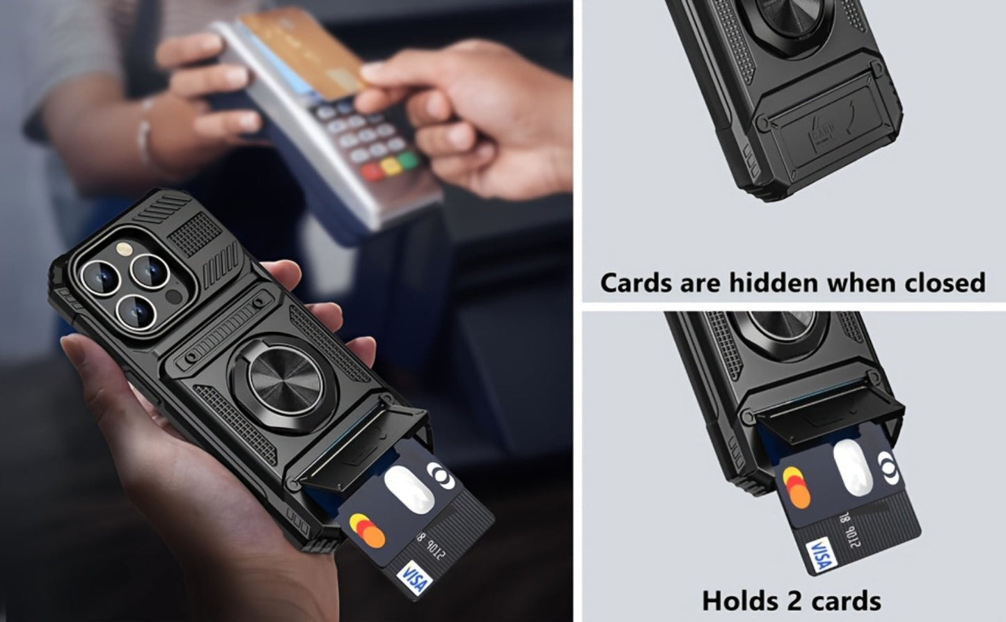 Phone Case Dual-Card Hard Shell Cover with 360-Degree Ring Kickstand for Select iPhone 14, 16 and 17 Models