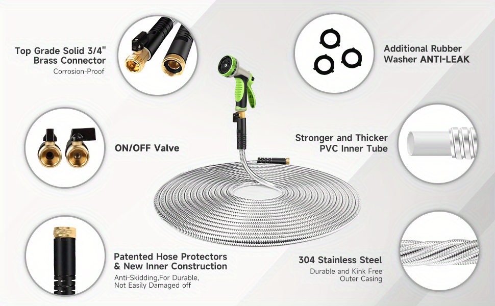 Stainless Steel Metal Garden Hose, Kink-Free, 10-Function Nozzle, Brass Fittings, 10FT to 150FT