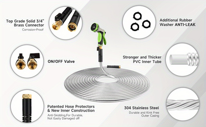 Stainless Steel Metal Garden Hose, Kink-Free, 10-Function Nozzle, Brass Fittings, 10FT to 150FT