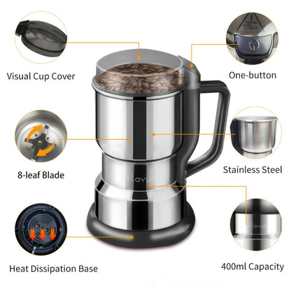 Coffee Bean Grinder 300W 8-Blade Stainless Steel 400g 14oz Large Up to 36 Cups 10-Second for Entryways, Bedrooms and Living Spaces