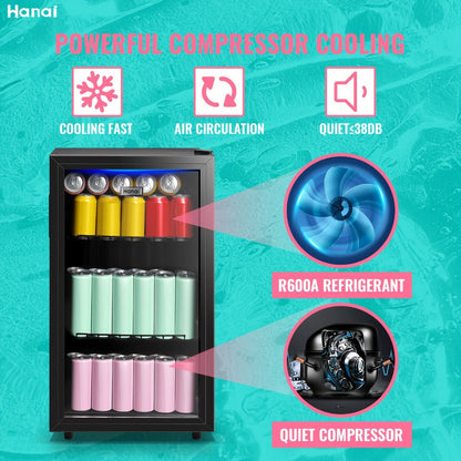 Beverage Refrigerator with Glass Door, Mini Drink Cooler Fridge with Blue LED Light, 3 Adjustable Shelves & R600a Compressor