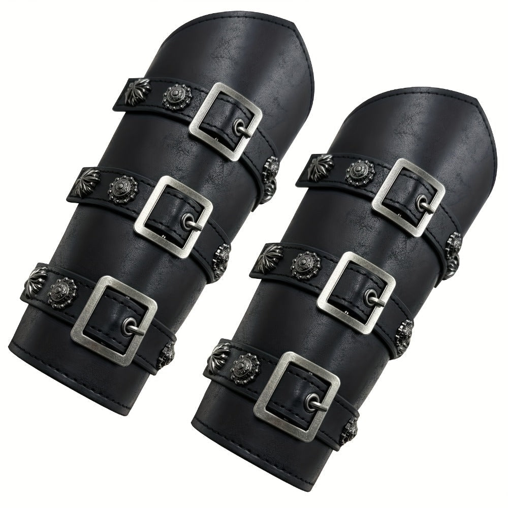 Viking Medieval Leather Arm Guards Bracers – PU Leather Knight Gauntlets Adjustable Metal Buckles Rivets for Men Women Halloween Cosplay