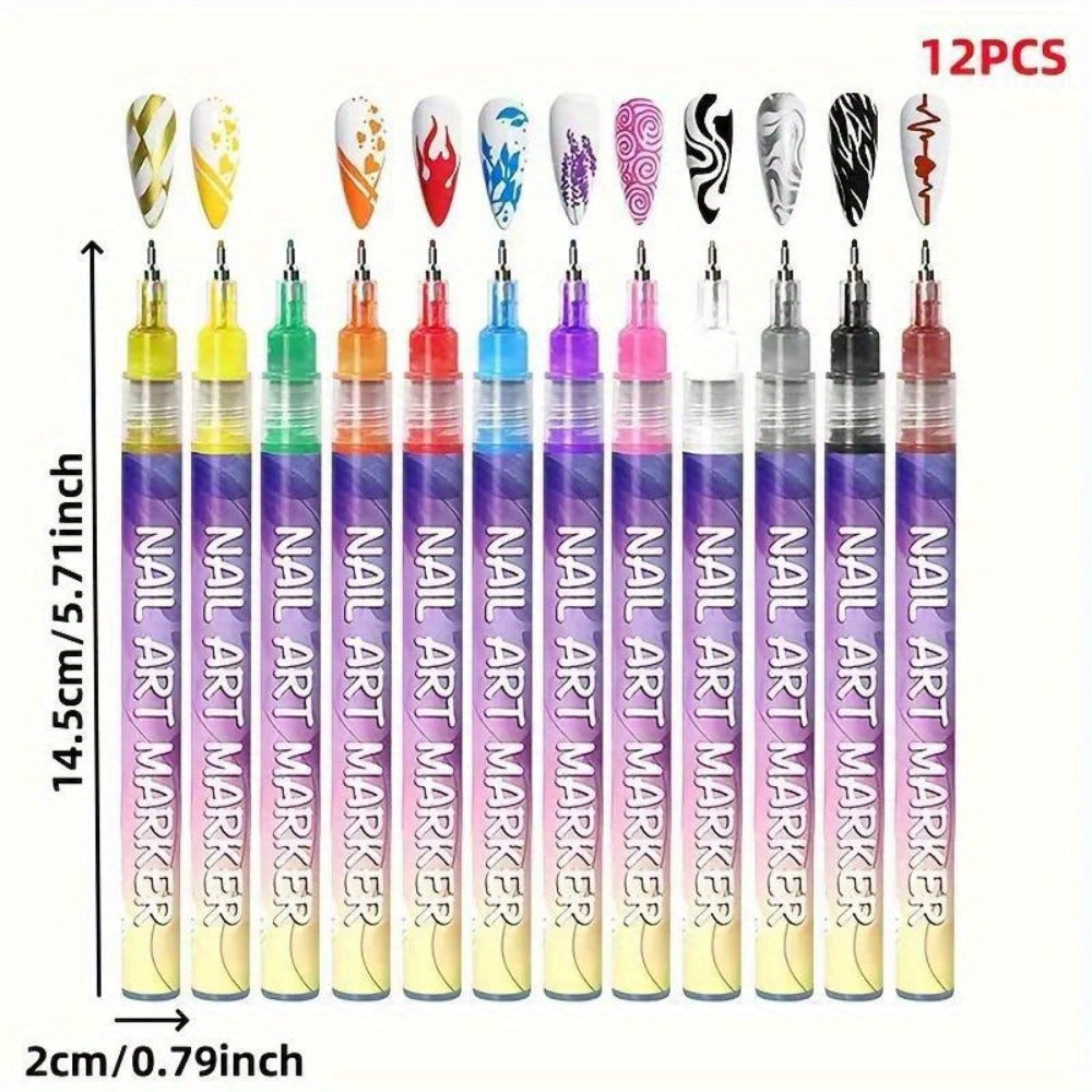 Metal Rod Nylon Brush Nail Art Pen Set 12 Colors – Acrylic Paint Pens for 3D Doodle Dot & Stitching Nail Design