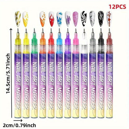 Metal Rod Nylon Brush Nail Art Pen Set 12 Colors – Acrylic Paint Pens for 3D Doodle Dot & Stitching Nail Design