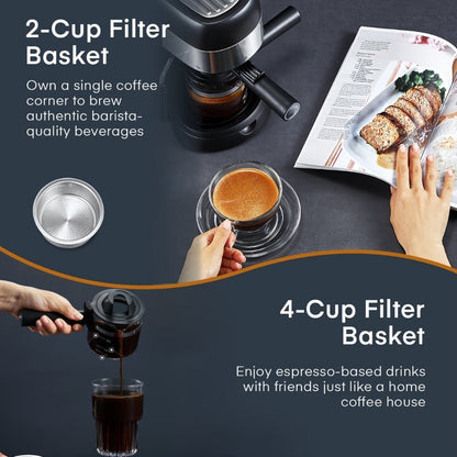 Espresso Machine 3.5 Bar Steam 4 Cup Cappuccino & Latte Maker with Milk Frother for Entryways, Bedrooms and Living Spaces