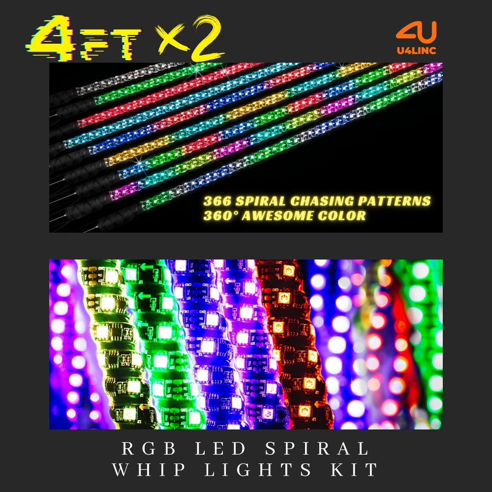 RGB LED Whip Lights for UTV ATV – 1ft/2ft/3ft/4ft Spiral Color Changing Neon Light Whips with Remote & App Control, Music Sync