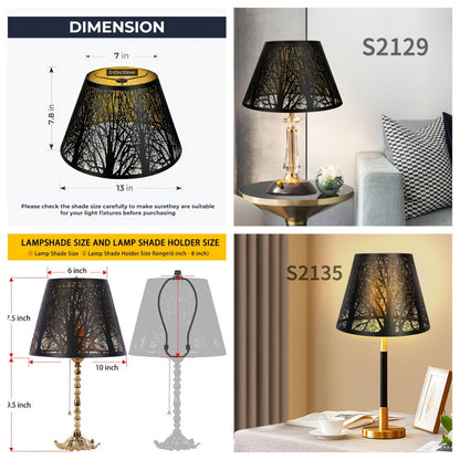 Metal Lampshade Etched Forest & Leaf Design | Black Exterior Gold Interior | Barrel Lamp Shade for Table Lamp & Floor Lamp |