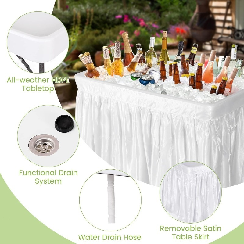 Ice Table Folding 4 ft Portable Cooler Table with Drain & Removable Skirt, Fill and Chill Party Beverage Station for BBQ