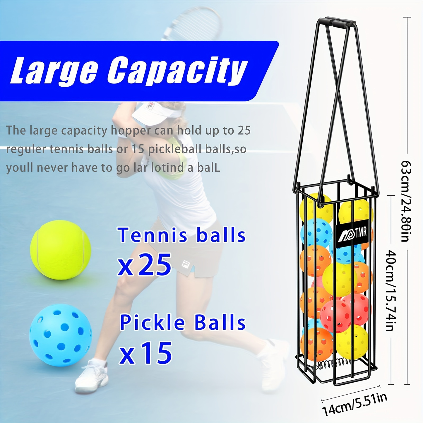 Pickleball & Tennis Ball Hopper Basket – Aluminum Alloy Ball Picker Upper with Handle, Portable Ball Collection Basket for Easy Court
