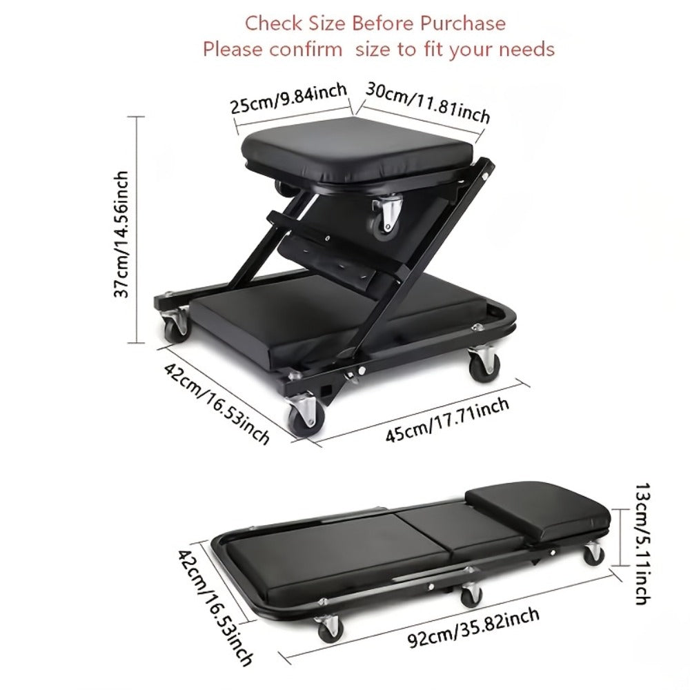 Rolling Mechanic Creeper Stool 300 lb – Foldable Z-Shape 3-in-1 Crawler Seat & Sliding Work Stool with 6 Swivel Casters