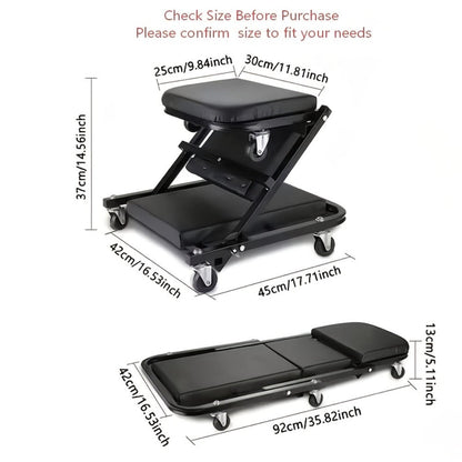Rolling Mechanic Creeper Stool 300 lb – Foldable Z-Shape 3-in-1 Crawler Seat & Sliding Work Stool with 6 Swivel Casters