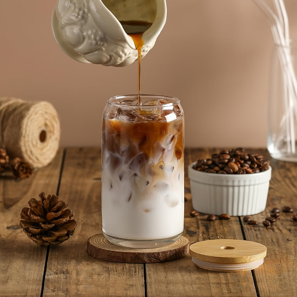 Glass Coffee Cup Drinkware Set, 16oz Clear Cups with Bamboo Lids, Glass Straws and Brushes in 4 to 16 Pieces