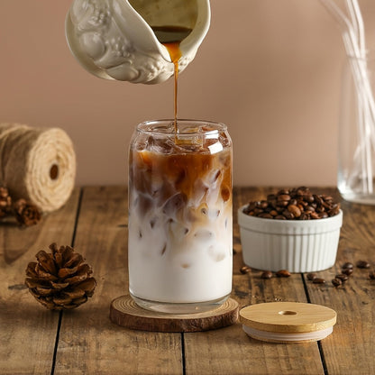 Glass Coffee Cup Drinkware Set, 16oz Clear Cups with Bamboo Lids, Glass Straws and Brushes in 4 to 16 Pieces