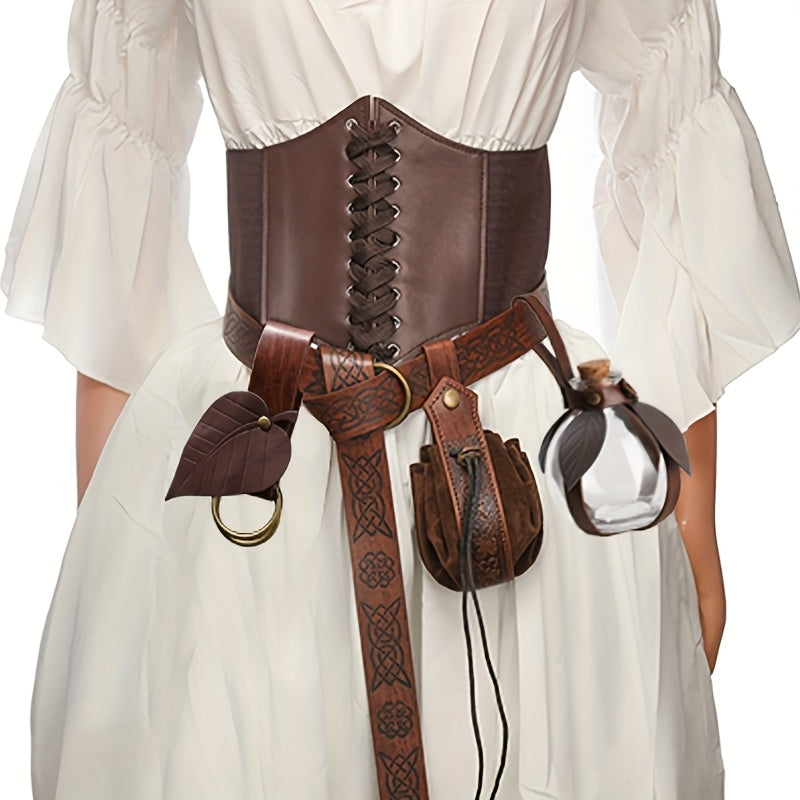 Renaissance Corset Set 5-Piece Ladies – Medieval Belt Pouch Potion Bottle Waist Protector, Women Halloween LARP Cosplay Renaissance Fair