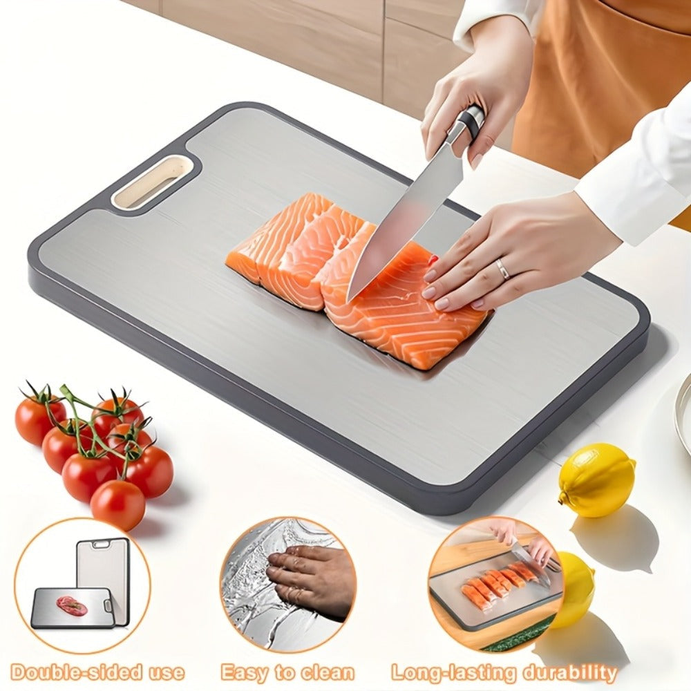 Double-Sided Cutting Board with Stainless-Steel and Wheat-Straw PP Faces, Handle and 16 x 11-Inch Size