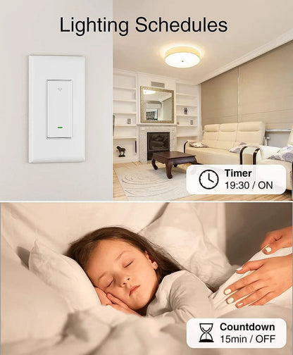 White Single-Pole and 3-Way WiFi Wall Switch in One-, Two- or Four-Piece Packs with App, Voice and Timer Control