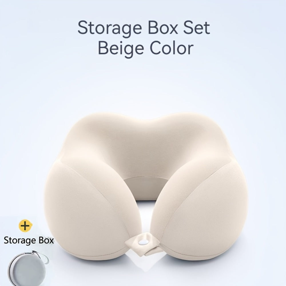 Rollable Memory Foam Travel Neck Pillow with Round Storage Case in Beige, Black or Pink-and-Gray Color Block