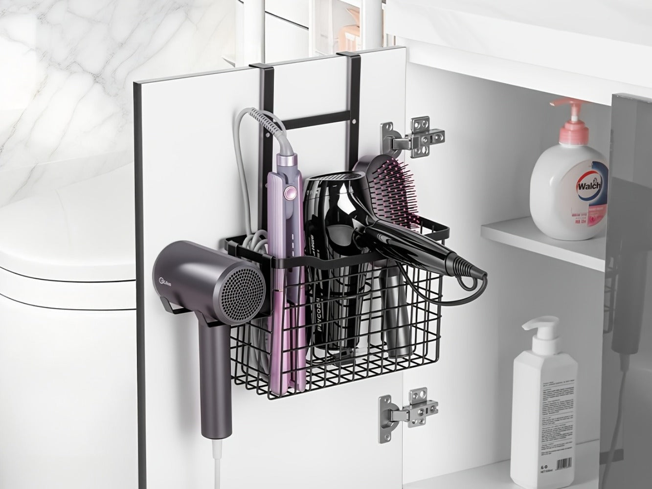 Hanging Hair Tool Organizer with Adjustable Mounting Height, Wire Basket and Black or White Finish