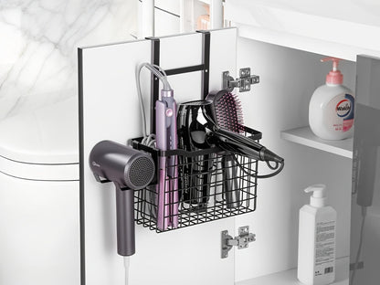 Hanging Hair Tool Organizer with Adjustable Mounting Height, Wire Basket and Black or White Finish