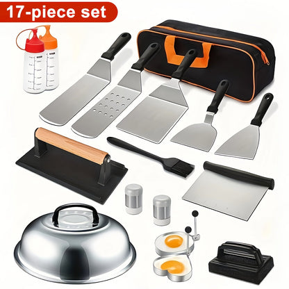 BBQ Grill Tool Set 8/17pcs, Teppanyaki Meat Press & Barbecue Accessories for Outdoor Camping, Kitchen & Parties