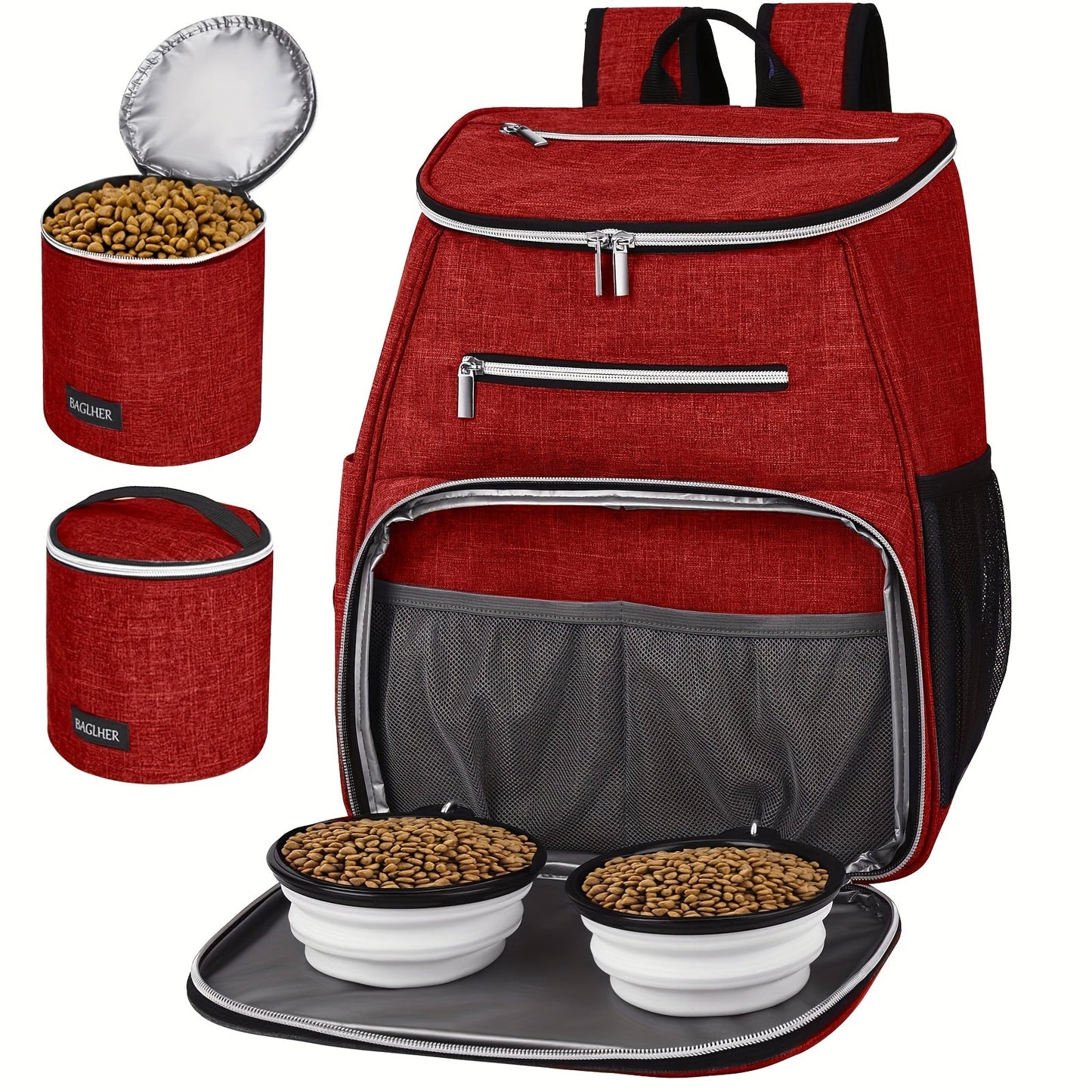 Pet Travel Backpack Double Layer Dog Cat Supplies Bag with 2 Collapsible Bowls 2 Food Baskets Portable Organizer for Outdoor Hiking Camping