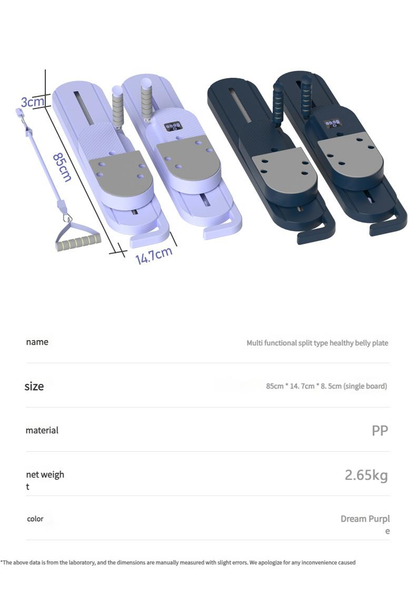 Purple or Blue Compact Pilates Board Trainer with Sliding Base, Display Panel and Resistance Handles